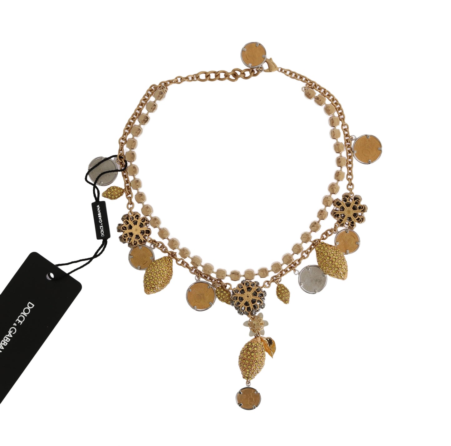 Dolce & Gabbana Gold Brass Crystal Logo Ananas Statement Halskette