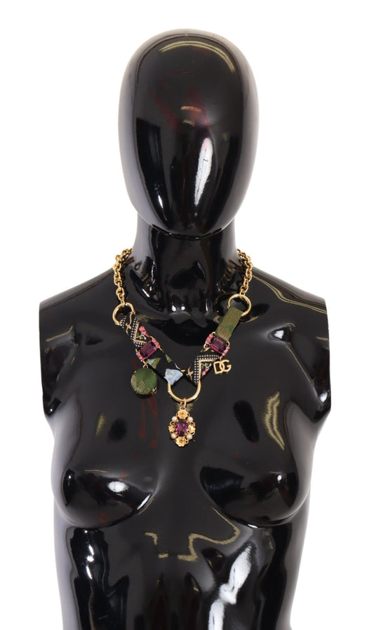 Dolce & Gabbana Gold Tone Brass Fabric Crystals Women Jewelry Collier