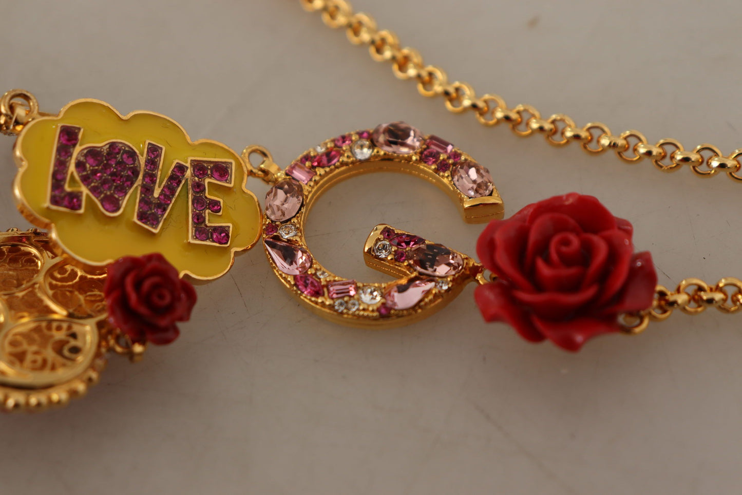 Dolce & Gabbana Gold Rose Love Crystal Charm Chain Collier