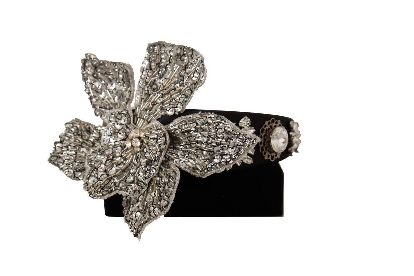 Dolce & Gabbana Schwarzer Kristall Perlen mit großem Blütendiadband mit Pailletten -Stirnband