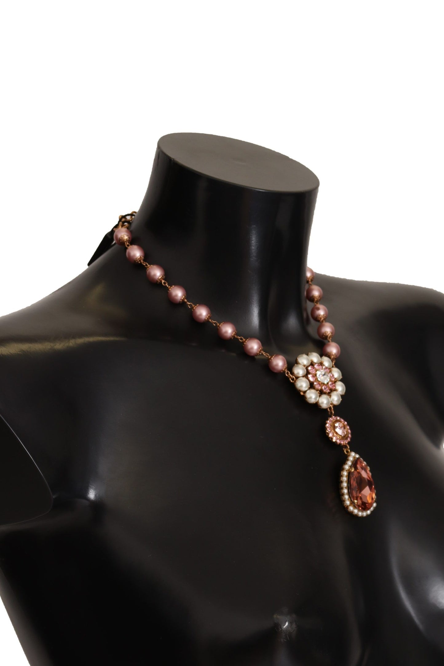 Dolce & Gabbana Gol Tone en laiton rose perles perles Collier pendentif en cristal