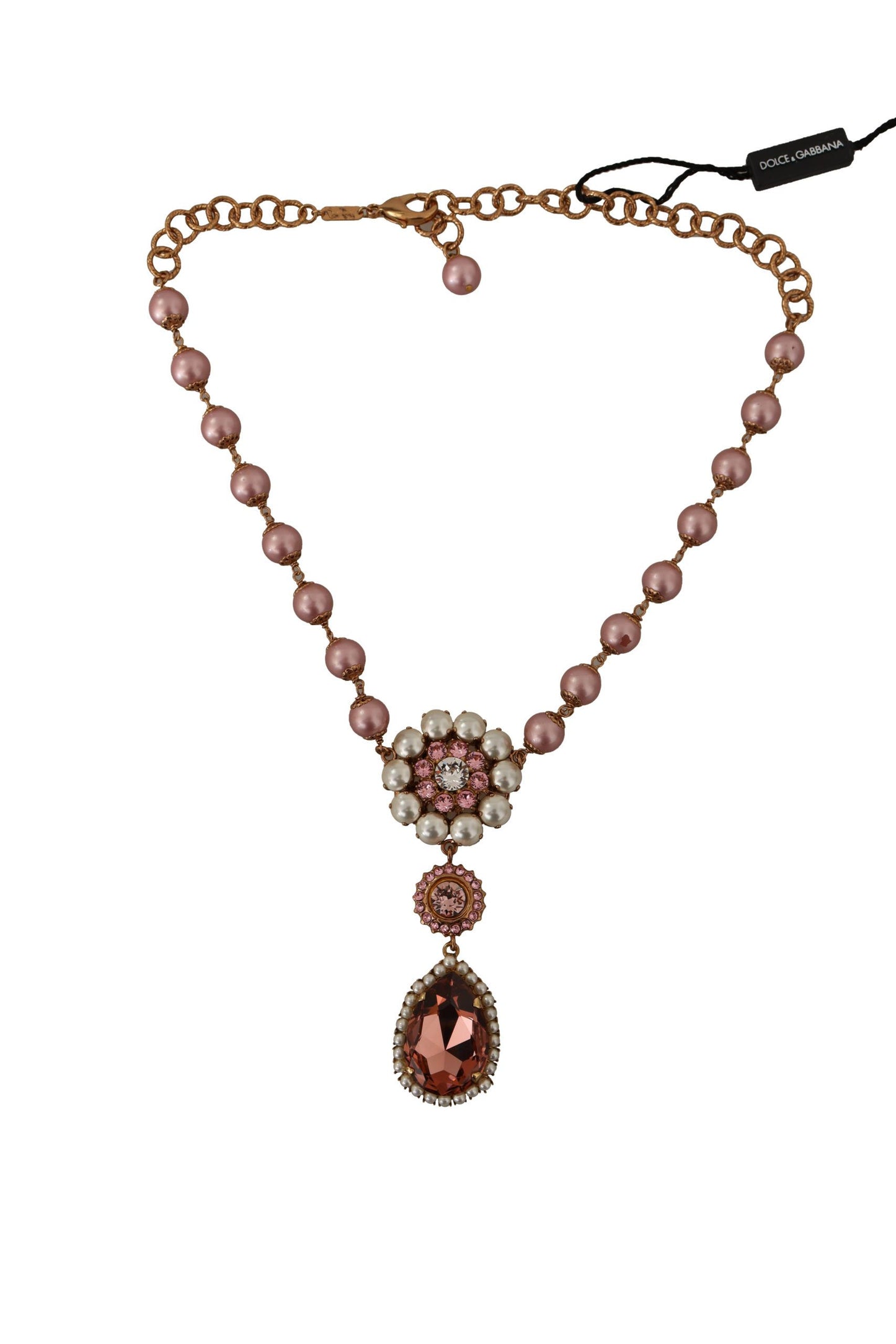 Dolce & Gabbana Gold Ton Messing Pink Perlen Pearls Kristall Anhänger Halskette
