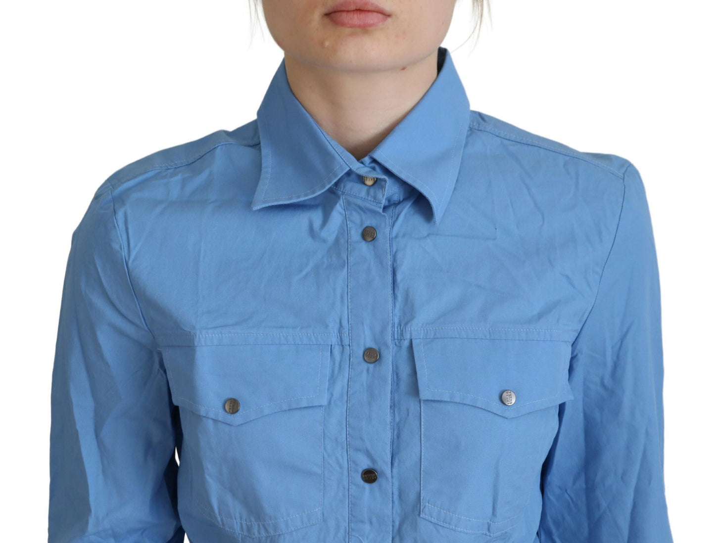 Ferre Blue Cotton Long Sleeves Halsheilige Button oben oben