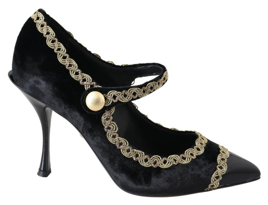 Dolce & Gabbana Black Velvet Gold Pumps Mary Janes