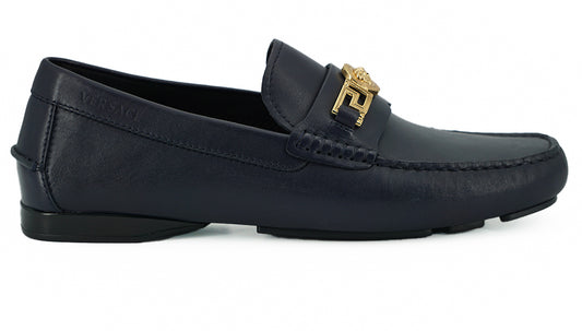 Versace Navy Blue Calb Leder Slaafers Schuhe