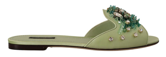 Dolce & Gabbana Grüne Lederkristalle Gleiten Frauen Flats Schuhe