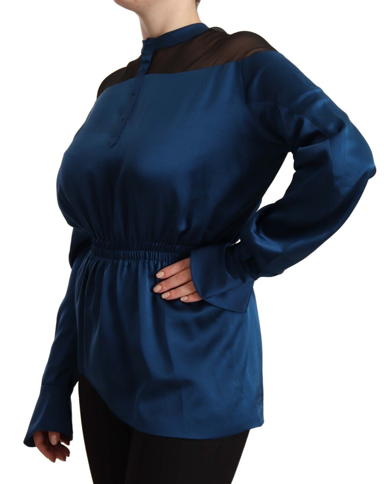 Masha MA Mascellie di seta blu lunghe Blusa in vita elastica