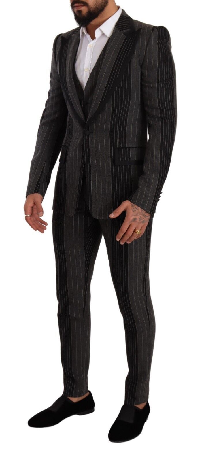 Dolce & Gabbana Black Grey Strip Slim Fit 3 pezzi abito da 3 pezzi
