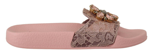 Dolce & Gabbana Pink Lace Crystal Sandals Slides Shoet Shoes
