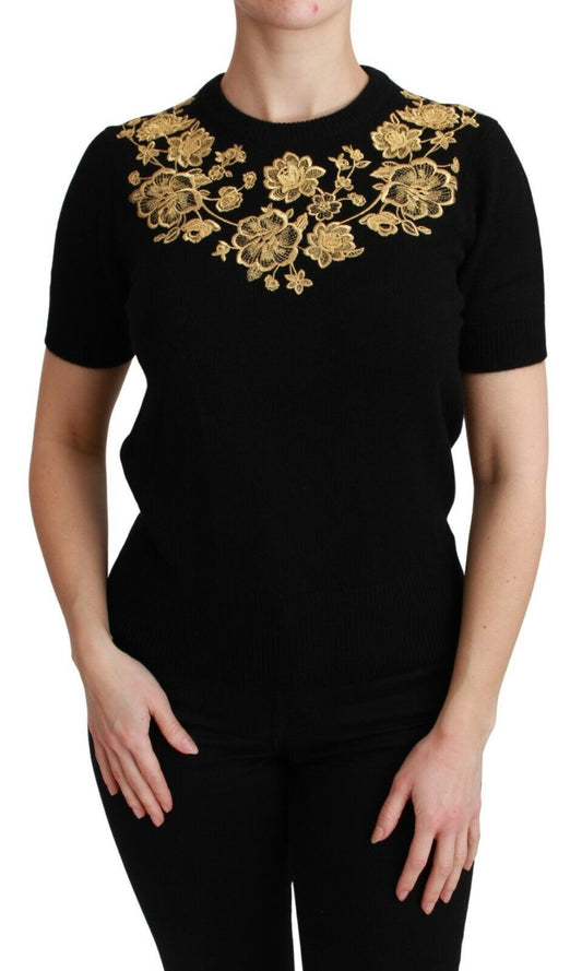 Dolce & Gabbana Black Cashmere Gold Floral Pull Floral Top
