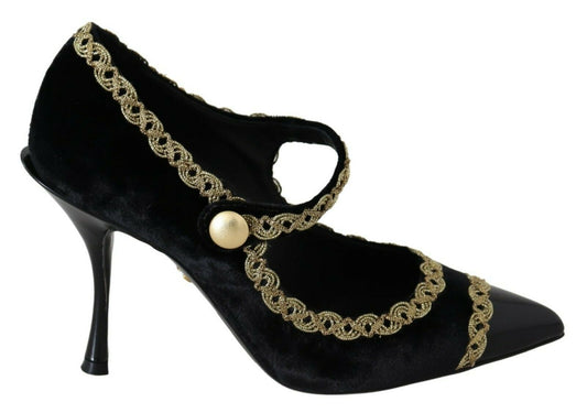 Dolce & Gabbana Black Black abbellito Velvet Mary Jane Pompe Scarpe