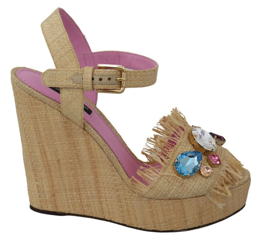 Dolce & Gabbana Beige Strasssteine ​​Keilabsatz Sandalen Schuhe
