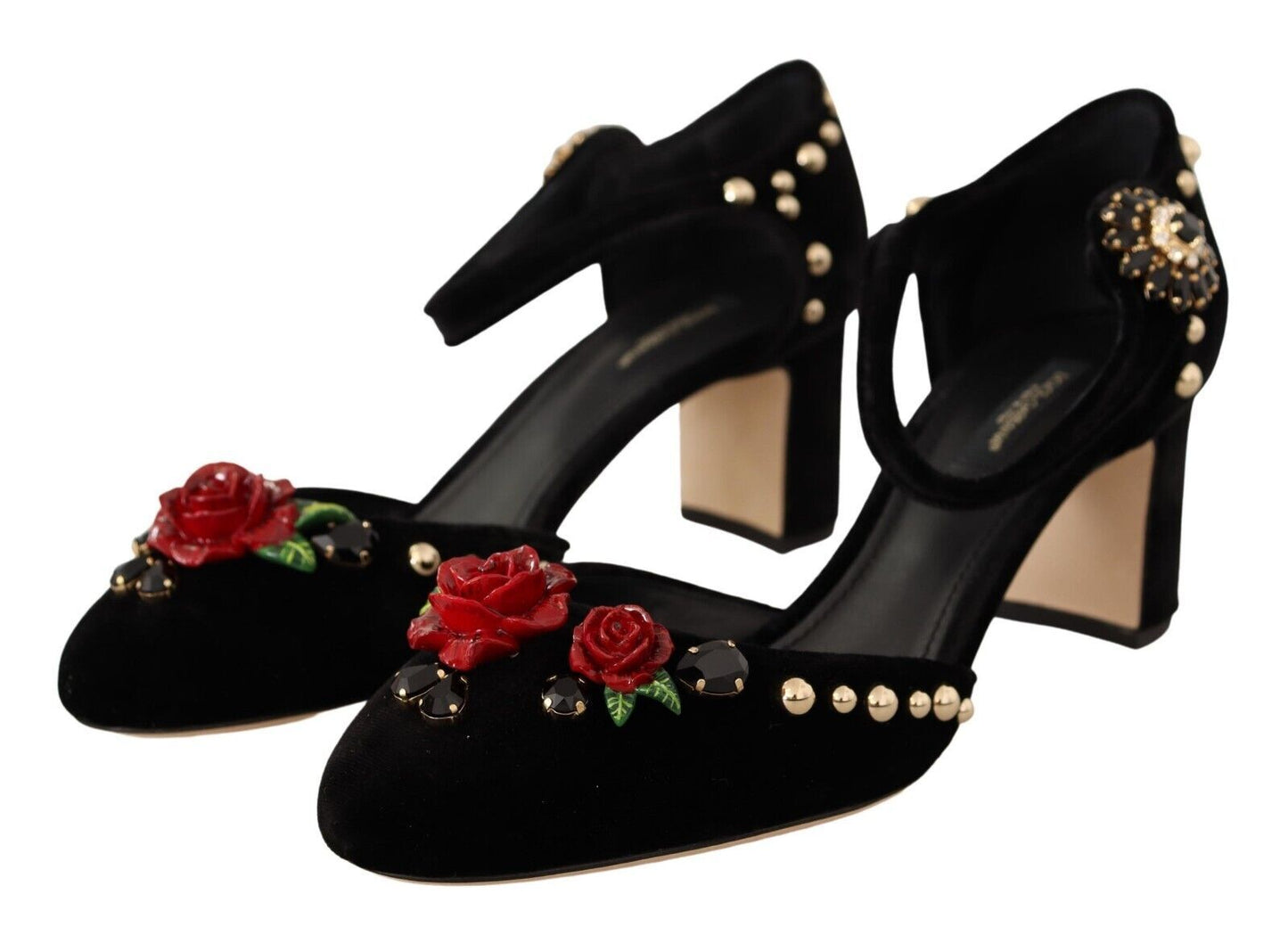 Dolce & Gabbana Black Samt Rosen Knöchelgurt Pumps Schuhe