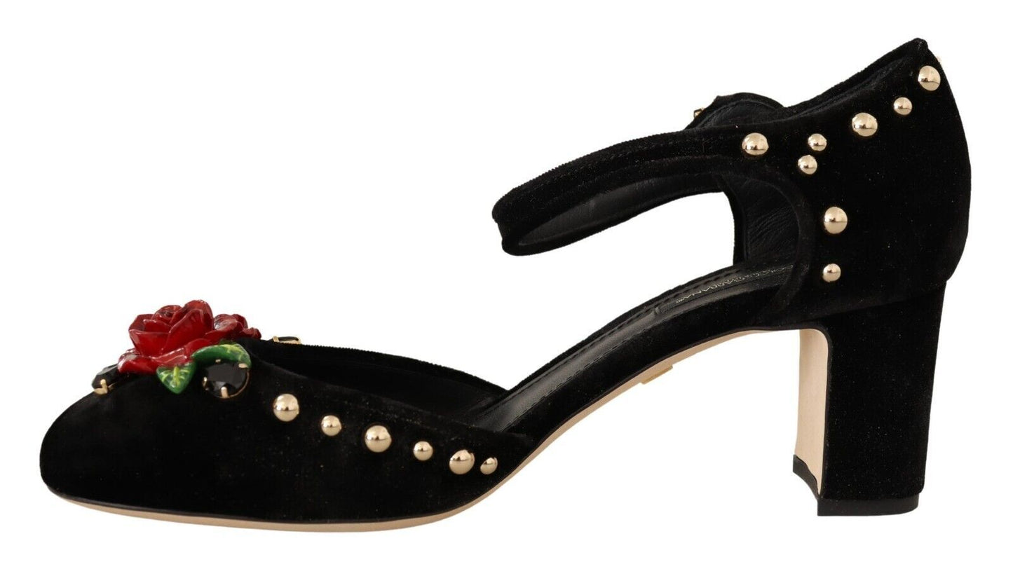 Dolce & Gabbana Black Samt Rosen Knöchelgurt Pumps Schuhe