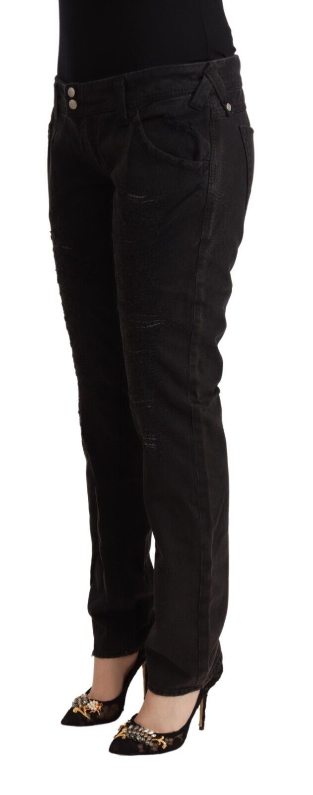 Cycle de coton noir en détresse basse taille slim en jean en denim