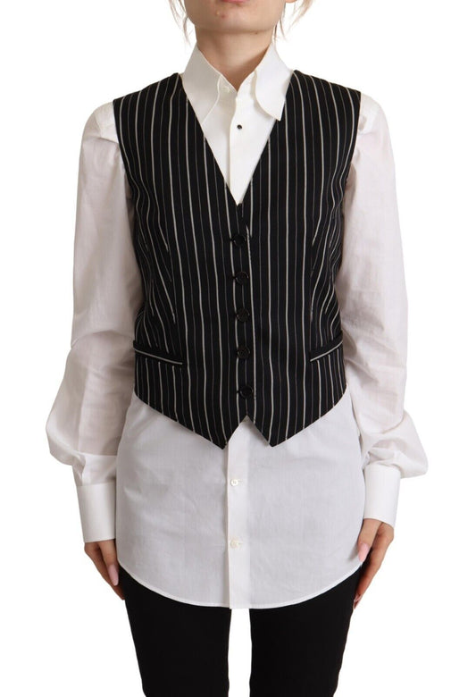 Dolce & Gabbana Black Stripes Wool V-Neck Sans manche sans manches