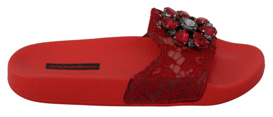 Dolce & Gabbana Red Lace Crystal Sandals Slides Scarpe da spiaggia