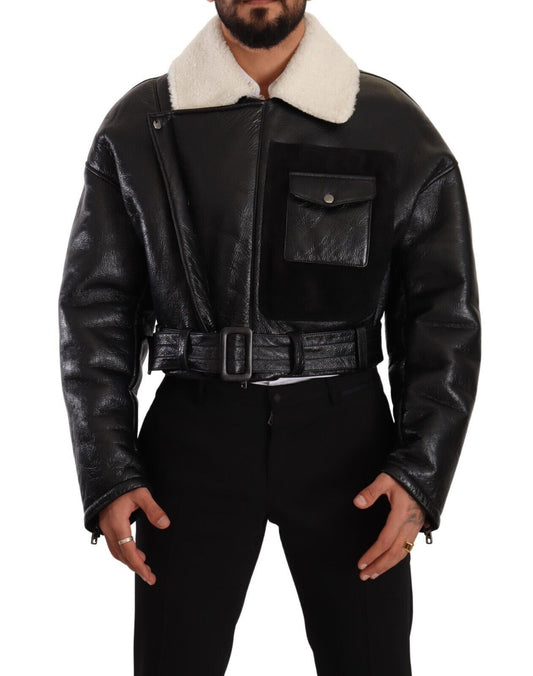 Dolce & Gabbana Black Leder Shearling Biker Coat Jacke