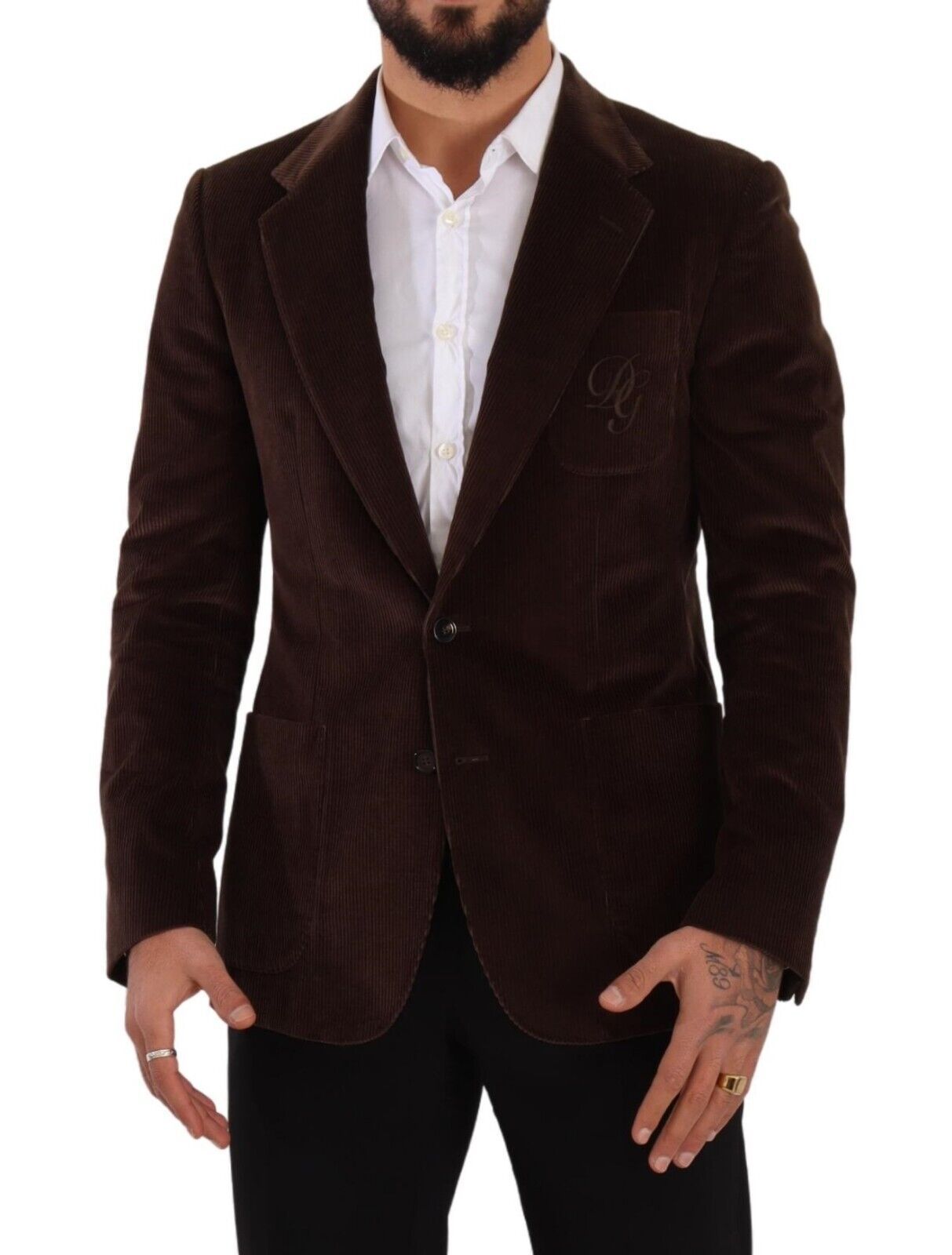 Dolce & Gabbana Brown Corduroy Slimt Fit Coat DG Logo Blazer