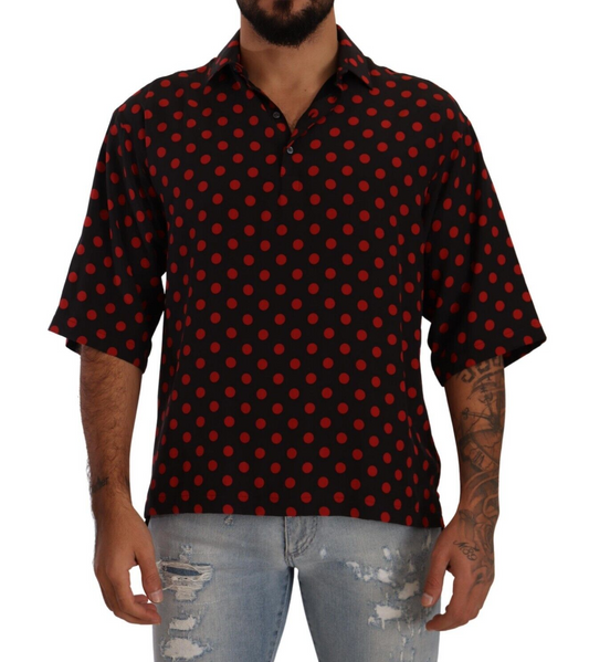 Dolce & Gabbana Red Black Seide Tupfen Kurzärmel Shirt