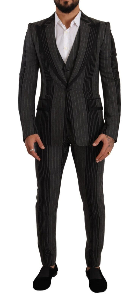 Dolce & Gabbana Black Grey Strip Slim Fit 3 pezzi abito da 3 pezzi