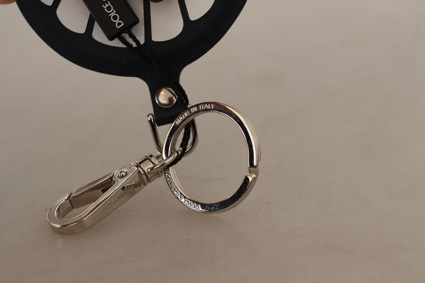 Dolce & Gabbana en cuir noir coque en métal argenté Tone Keyring Keychain