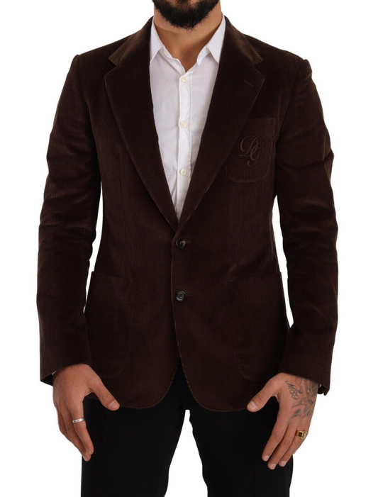 Dolce & Gabbana Brown Corduroy Slimt Fit Coat DG Logo Blazer
