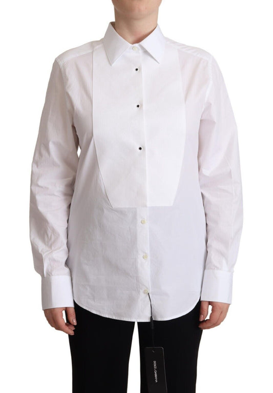 Dolce & Gabbana White Cotton Abito da camicia a maniche lunghe con colletto