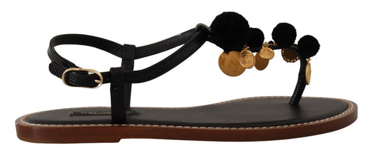 Dolce & Gabbana Monete in pelle nera Flip Flip Sandals Scarpe