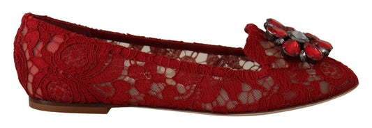 Dolce & Gabbana Red Lace Crystal Ballet Flats Shoe