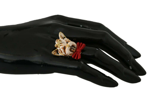Dolce & Gabbana Gold Brass Resin Beige Dog Dog Pet Brandhed Accessory Ring