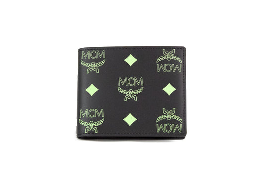 MCM kleiner schwarzer Sommergrün glattes Visetos Monogramm Logo Leder -Bifold -Brieftasche